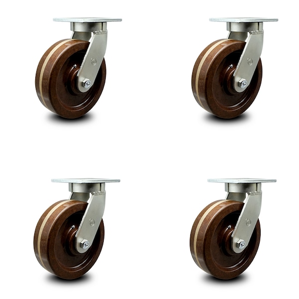 8 Inch Extra Heavy Duty High Temp Phenolic Wheel Swivel Top Plate Caster, 4PK